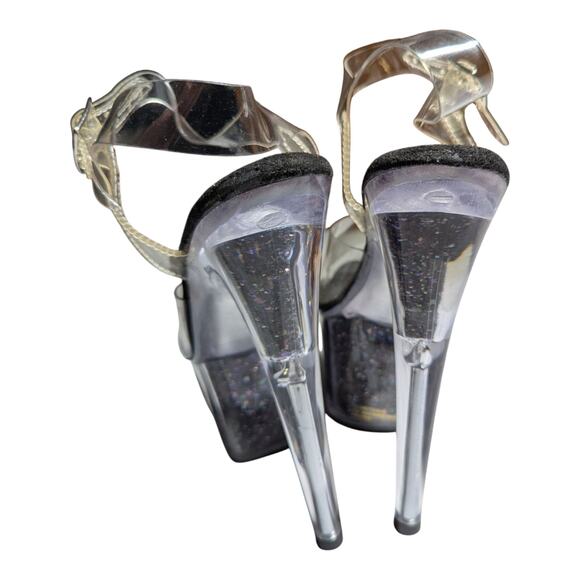 Pleaser Adore 708 Clear Vinyl Black Glitter Platform Spike Heel Dancer Sandals 8 - Picture 3 of 7